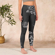 Buddha Stones Gray Peony Rose Flower Sketch Print Gym Fitness Leggings Women's Yoga Pants Leggings BS 4