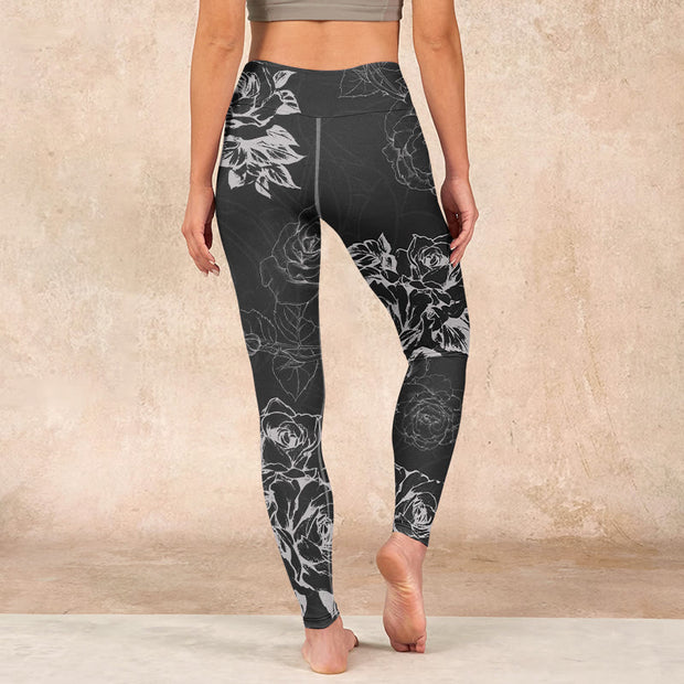 Buddha Stones Gray Peony Rose Flower Sketch Print Gym Fitness Leggings Women's Yoga Pants - image 15