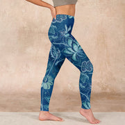 Buddha Stones Blue Flowers Print Sports Fitness Leggings Women's Yoga Pants Leggings BS 17