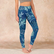 Buddha Stones Blue Flowers Print Sports Fitness Leggings Women's Yoga Pants - SteelBlue - US18，UK/AU22，EU50 (4XL) - image 1