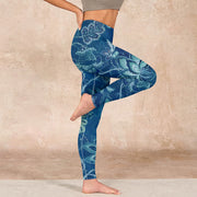 Buddha Stones Blue Flowers Print Sports Fitness Leggings Women's Yoga Pants