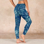 Buddha Stones Blue Flowers Print Sports Fitness Leggings Women's Yoga Pants