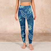 Buddha Stones Blue Flowers Print Sports Fitness Leggings Women's Yoga Pants Leggings BS 1