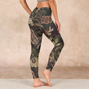 Buddha Stones Olive Florals Print Sports Fitness Leggings Women's Yoga Pants