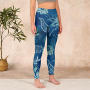 Buddha Stones Blue Flowers Print Sports Fitness Leggings Women's Yoga Pants Leggings BS 4