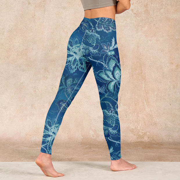 Buddha Stones Blue Flowers Print Sports Fitness Leggings Women's Yoga Pants - image 4