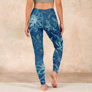 Buddha Stones Blue Flowers Print Sports Fitness Leggings Women's Yoga Pants