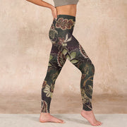 Buddha Stones Olive Florals Print Sports Fitness Leggings Women's Yoga Pants