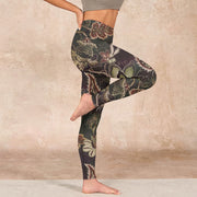 Buddha Stones Olive Florals Print Sports Fitness Leggings Women's Yoga Pants