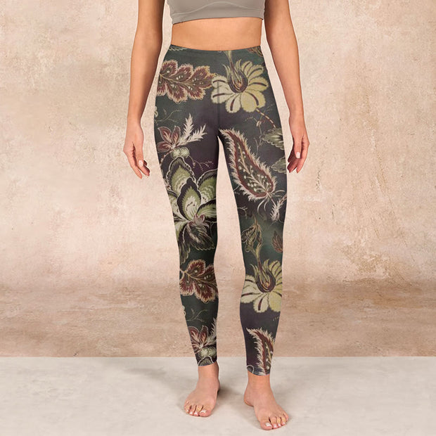 Buddha Stones Olive Florals Print Sports Fitness Leggings Women's Yoga Pants Leggings BS 1