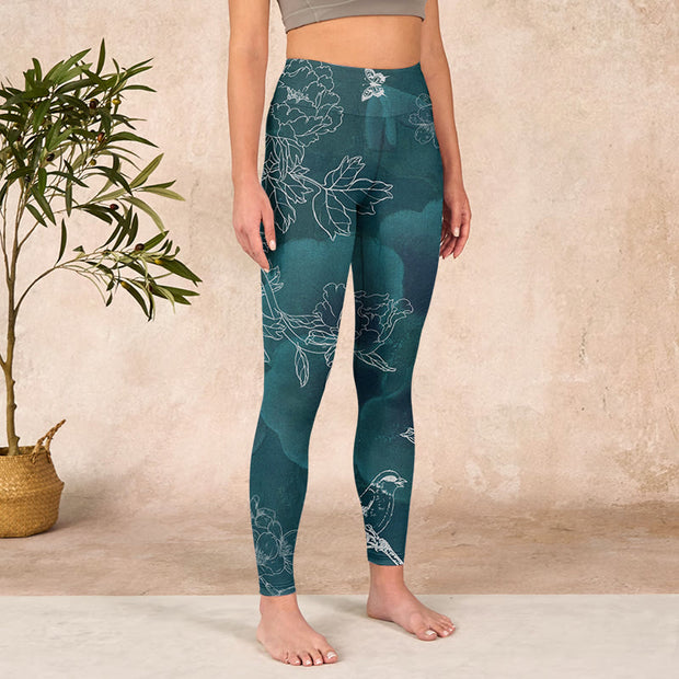 Buddha Stones Peony Flower Magpie Butterfly Print Gym Fitness Leggings Women's Yoga Pants Leggings BS 3