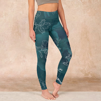 Buddha Stones Peony Flower Magpie Butterfly Print Gym Fitness Leggings Women's Yoga Pants - Teal - US18，UK/AU22，EU50 (4XL) - image 1