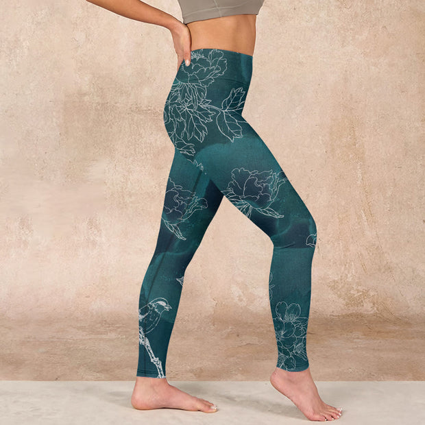 Buddha Stones Peony Flower Magpie Butterfly Print Gym Fitness Leggings Women's Yoga Pants