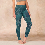 Buddha Stones Peony Flower Magpie Butterfly Print Gym Fitness Leggings Women's Yoga Pants Leggings BS Teal US18，UK/AU22，EU50 (4XL)