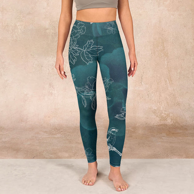 Buddha Stones Peony Flower Magpie Butterfly Print Gym Fitness Leggings Women's Yoga Pants - image 2