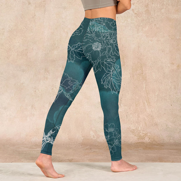 Buddha Stones Peony Flower Magpie Butterfly Print Gym Fitness Leggings Women's Yoga Pants