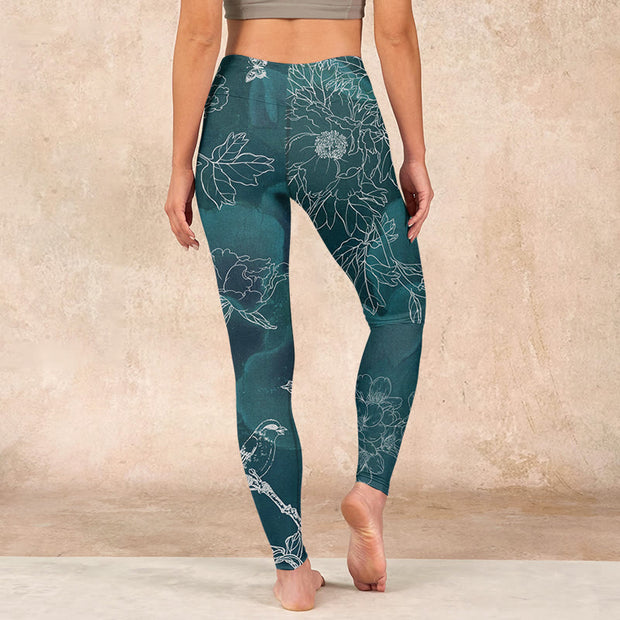 Buddha Stones Peony Flower Magpie Butterfly Print Gym Fitness Leggings Women's Yoga Pants