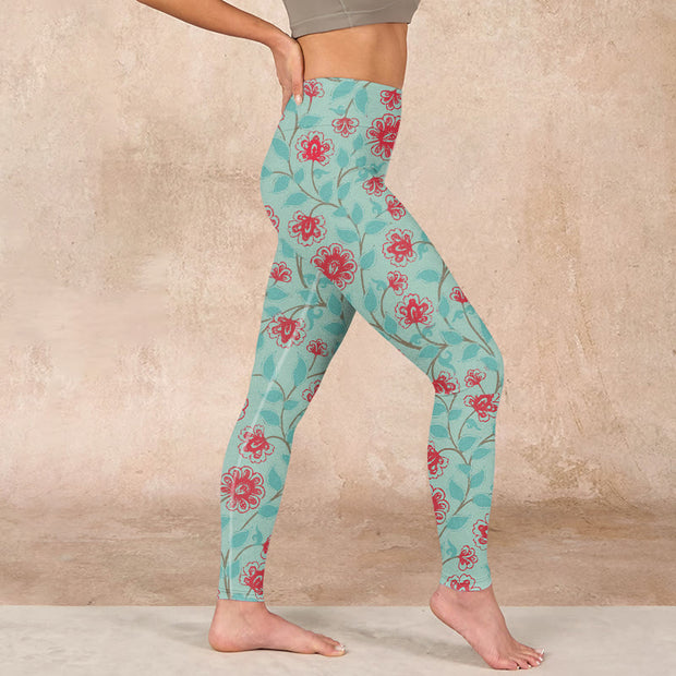 Buddha Stones Vine Leaves Blossom Print Gym Leggings Women's Yoga Pants Leggings BS 17