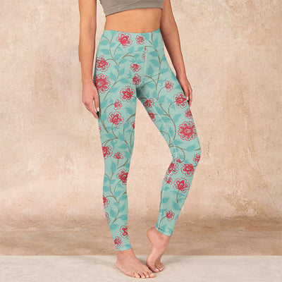 Buddha Stones Vine Leaves Blossom Print Gym Leggings Women's Yoga Pants - MediumAquamarine - US18，UK/AU22，EU50 (4XL) - image 1