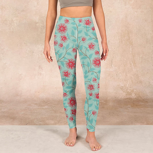 Buddha Stones Vine Leaves Blossom Print Gym Leggings Women's Yoga Pants