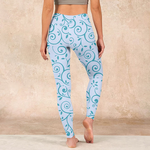 Buddha Stones Blue Vine Leaves Print Gym Leggings Women's Yoga Pants