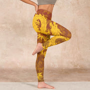 Buddha Stones Golden Dragon Flowers Print Gym Leggings Women's Yoga Pants