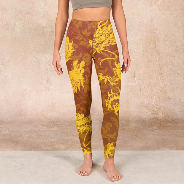 Buddha Stones Golden Dragon Flowers Print Gym Leggings Women's Yoga Pants - image 2