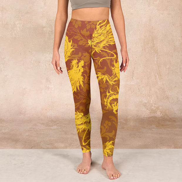 Buddha Stones Golden Dragon Flowers Print Gym Leggings Women's Yoga Pants