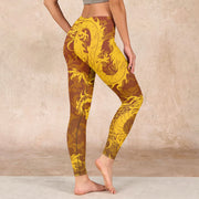 Buddha Stones Golden Dragon Flowers Print Gym Leggings Women's Yoga Pants Leggings BS 2