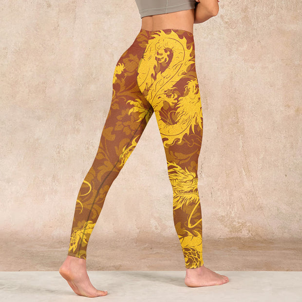 Buddha Stones Golden Dragon Flowers Print Gym Leggings Women's Yoga Pants - image 5