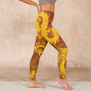 Buddha Stones Golden Dragon Flowers Print Gym Leggings Women's Yoga Pants Leggings BS 17