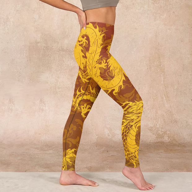 Buddha Stones Golden Dragon Flowers Print Gym Leggings Women's Yoga Pants