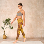 Buddha Stones Golden Dragon Flowers Print Gym Leggings Women's Yoga Pants