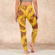 Buddha Stones Golden Dragon Flowers Print Gym Leggings Women's Yoga Pants Leggings BS 15