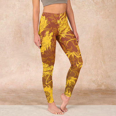 Buddha Stones Golden Dragon Flowers Print Gym Leggings Women's Yoga Pants Leggings BS Gold US18，UK/AU22，EU50 (4XL)