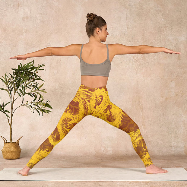 Buddha Stones Golden Dragon Flowers Print Gym Leggings Women's Yoga Pants