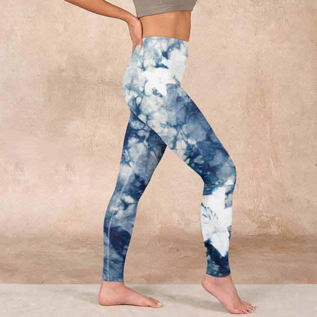 Buddha Stones Blue Lily Flowers Watercolor Texture Print Gym Leggings Women's Yoga Pants