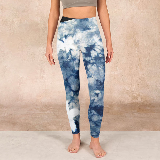Buddha Stones Blue Lily Flowers Watercolor Texture Print Gym Leggings Women's Yoga Pants - image 2