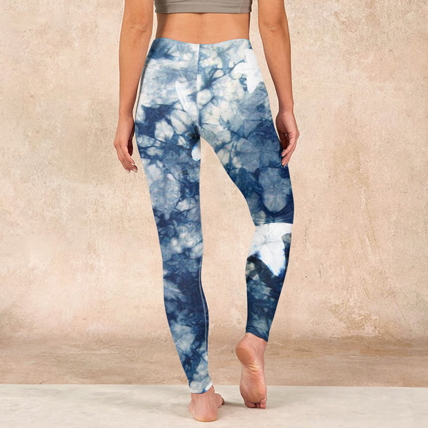 Buddha Stones Blue Lily Flowers Watercolor Texture Print Gym Leggings Women's Yoga Pants