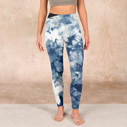 Buddha Stones Blue Lily Flowers Watercolor Texture Print Gym Leggings Women's Yoga Pants