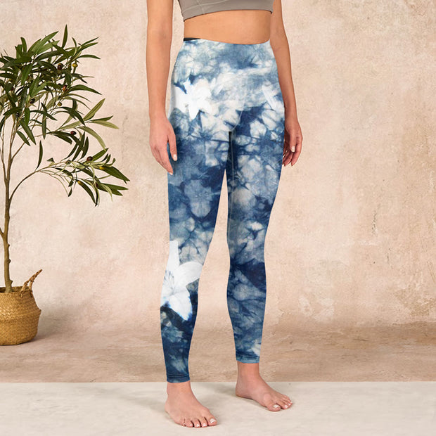 Buddha Stones Blue Lily Flowers Watercolor Texture Print Gym Leggings Women's Yoga Pants Leggings BS 3