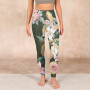 Buddha Stones Green Golden Snake Lily Peony Flowers Print Gym Leggings Women's Yoga Pants Leggings BS 1