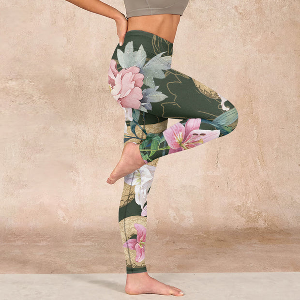 Buddha Stones Green Golden Snake Lily Peony Flowers Print Gym Leggings Women's Yoga Pants