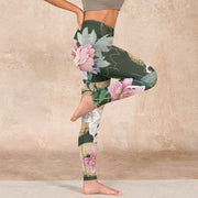Buddha Stones Green Golden Snake Lily Peony Flowers Print Gym Leggings Women's Yoga Pants - image 16