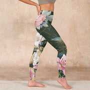 Buddha Stones Green Golden Snake Lily Peony Flowers Print Gym Leggings Women's Yoga Pants Leggings BS 17