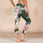 Buddha Stones Green Golden Snake Lily Peony Flowers Print Gym Leggings Women's Yoga Pants Leggings BS 2