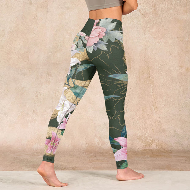 Buddha Stones Green Golden Snake Lily Peony Flowers Print Gym Leggings Women's Yoga Pants Leggings BS 4