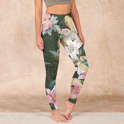 Buddha Stones Green Golden Snake Lily Peony Flowers Print Gym Leggings Women's Yoga Pants