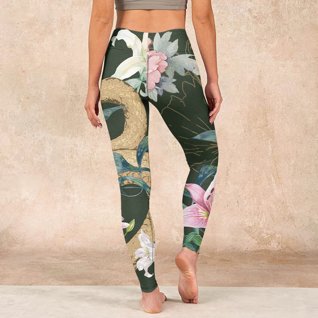 Buddha Stones Green Golden Snake Lily Peony Flowers Print Gym Leggings Women's Yoga Pants Leggings BS 15