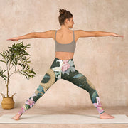 Buddha Stones Green Golden Snake Lily Peony Flowers Print Gym Leggings Women's Yoga Pants Leggings BS 11